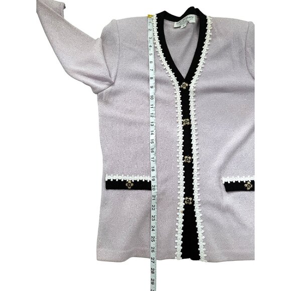 St. John Collection Santana Knit Cardigan Lilac W/ Black White Trim Size 8 -READ - Picture 9 of 14